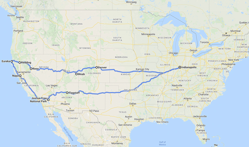 Map of the United States with Trip Route